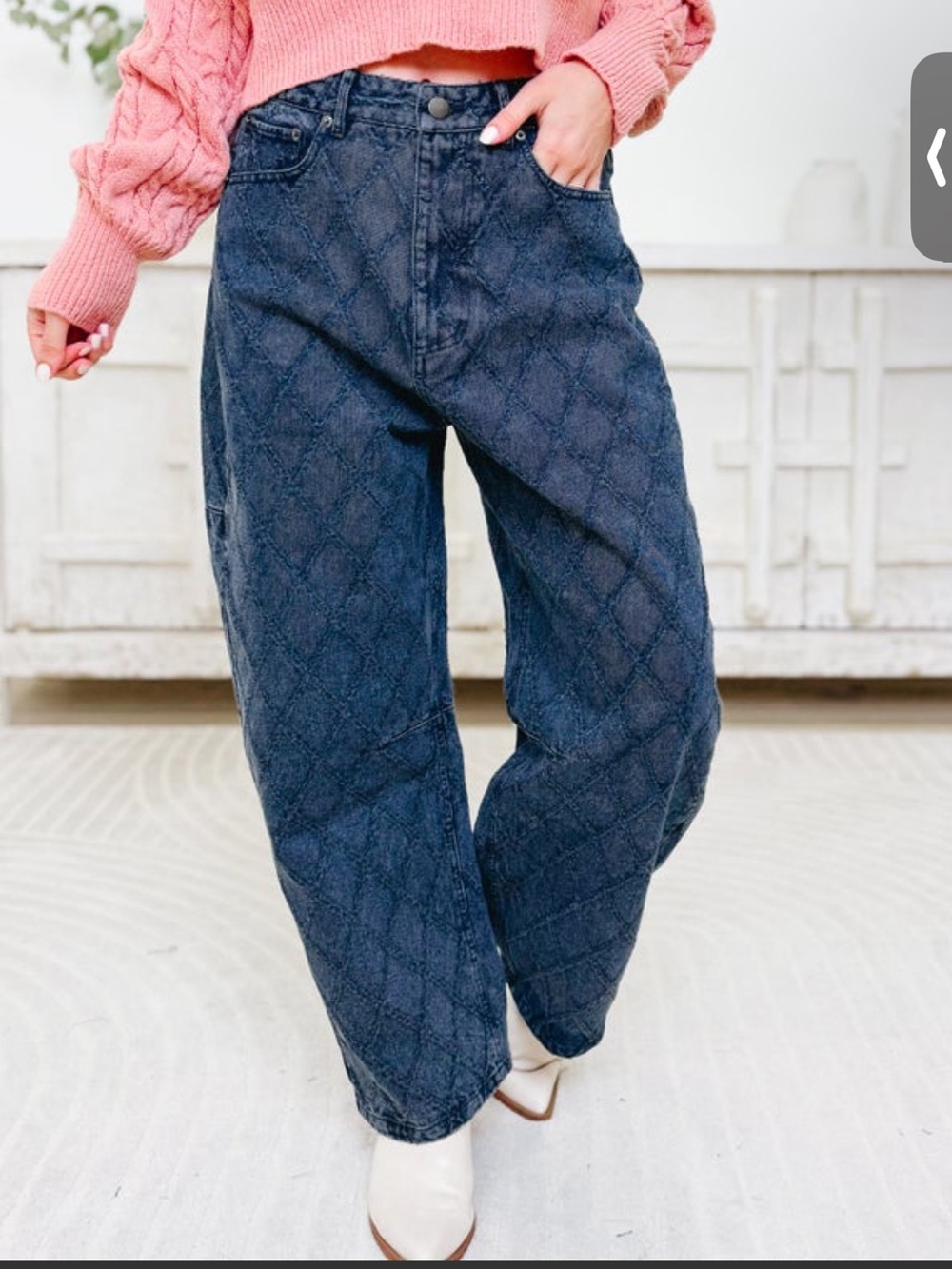 Blue B Quilted looking material. Barrel Jeans. Size Small. Never worn.